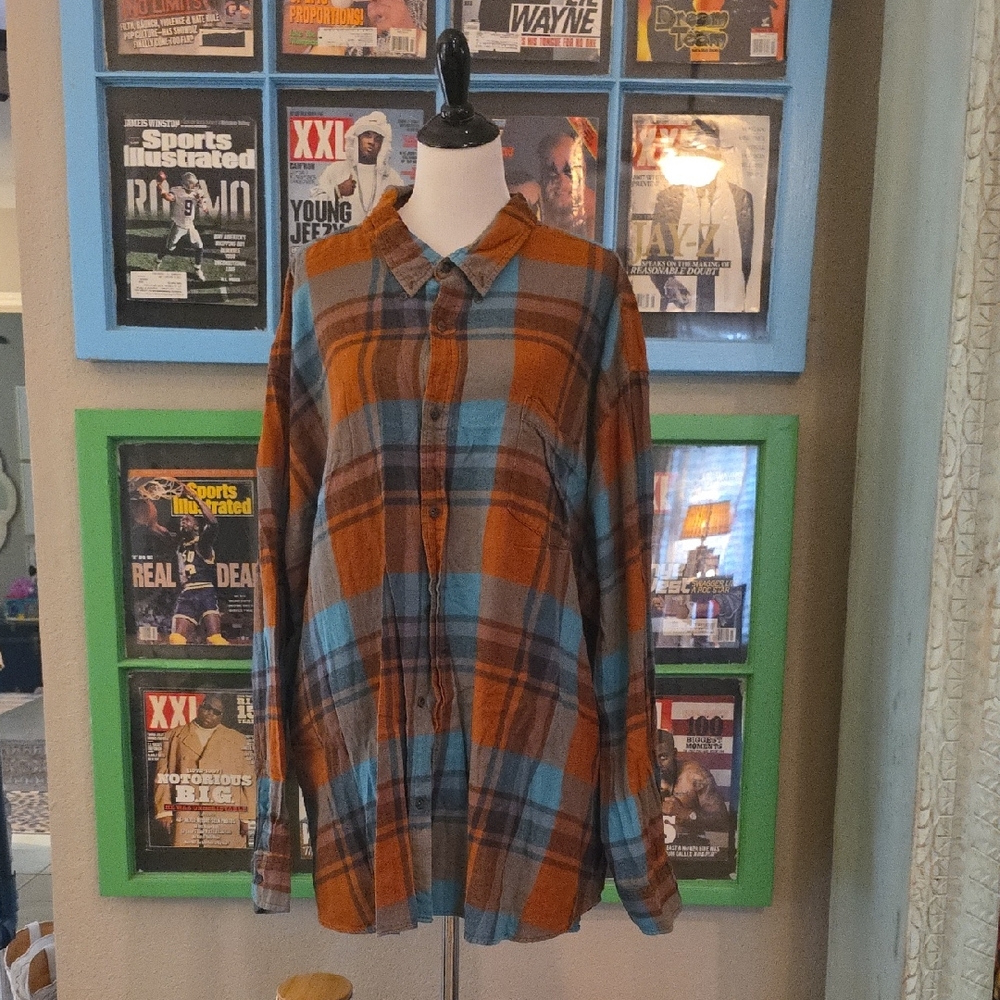 The Foundry Supply Co. Orange and Blue Plaid Shirt